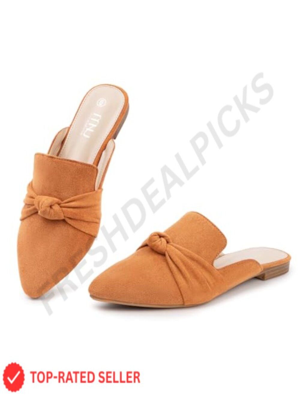 MUSSHOE Women's Pointed Toe Suede Mules with Bow Knot Slip On Memory Foam Flats
